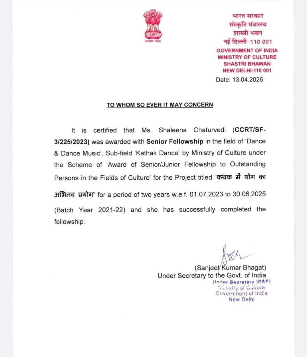 Government of India Ministry of Culture Senior Fellowship Award Certificate awarded to Ms. Shaleena Chaturvedi